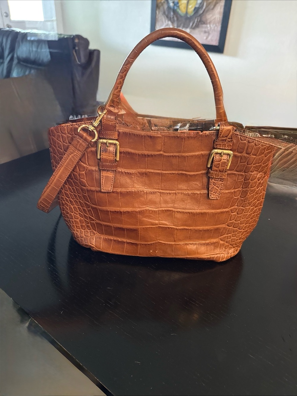 Prune Croc-Embossed Brown Tote with Gold Hardware